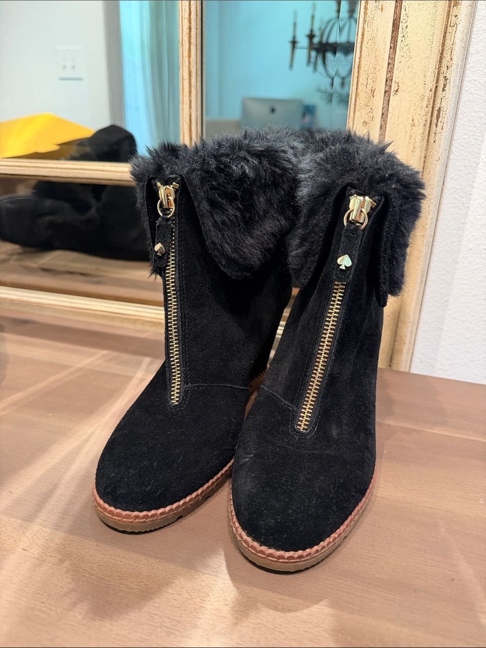 kate spade Black Suede Fur-Trim Ankle Zip Heeled Boots